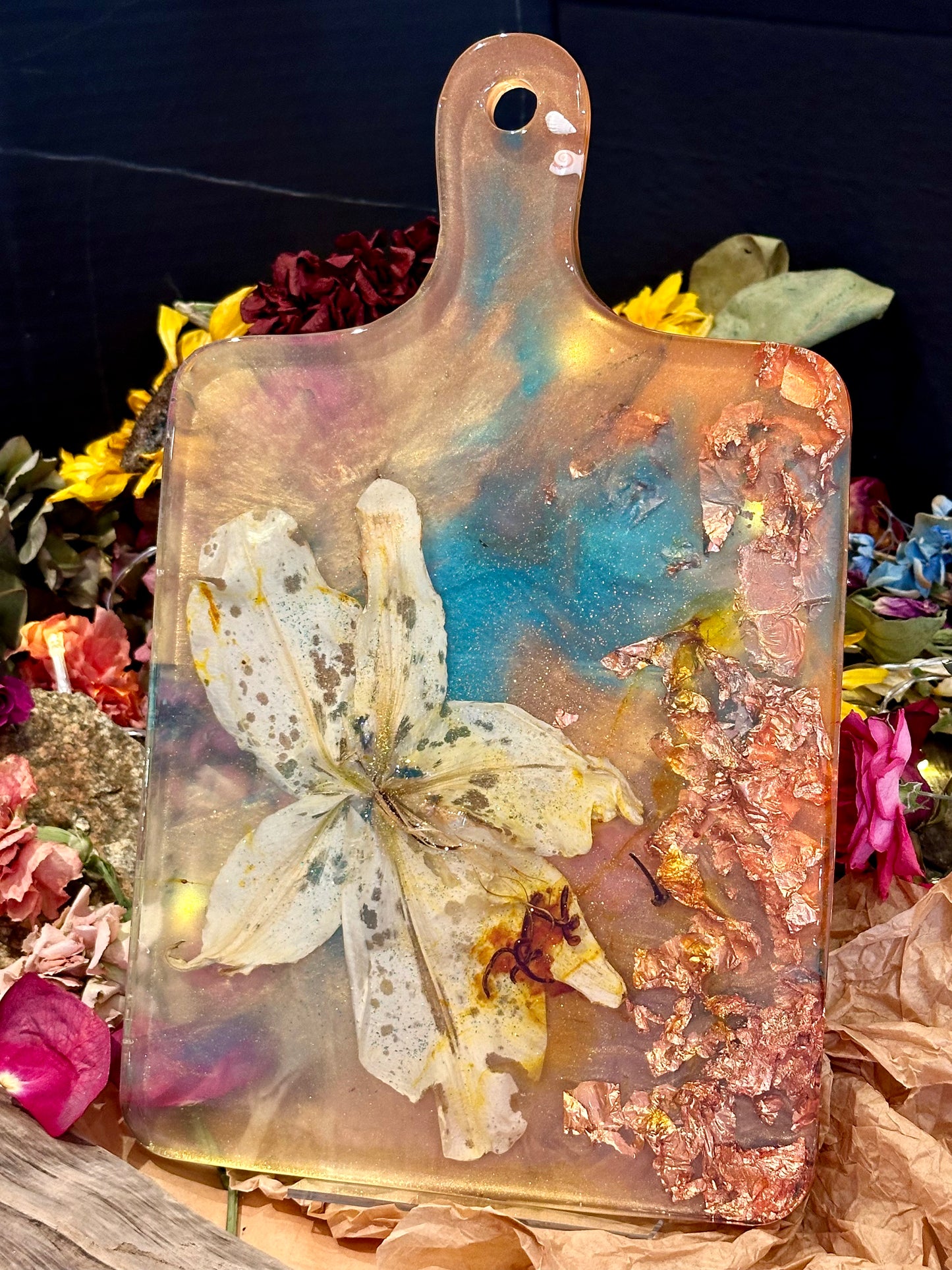 White Lily with Copper and Blue Large Cheese Board