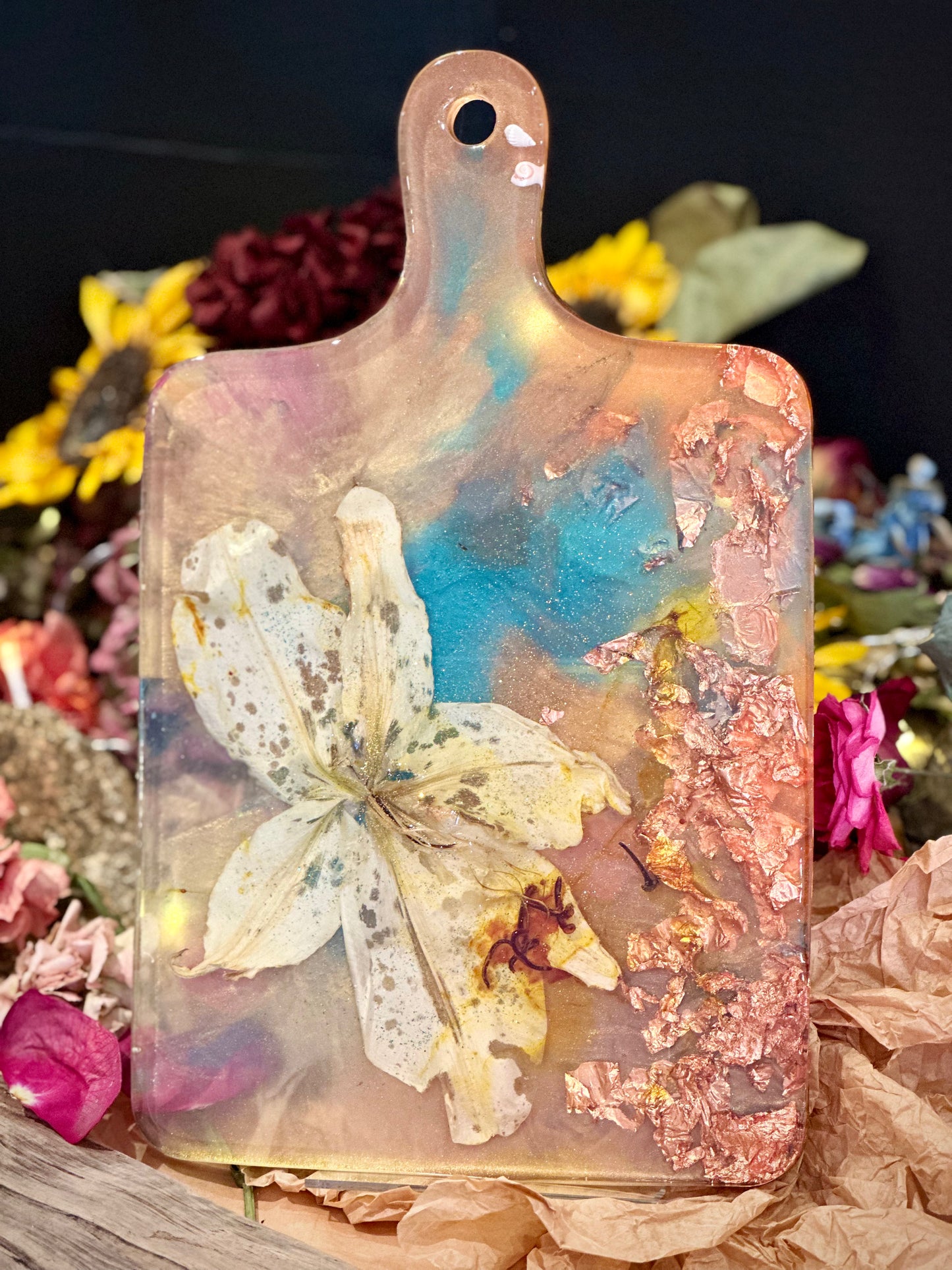 White Lily with Copper and Blue Large Cheese Board