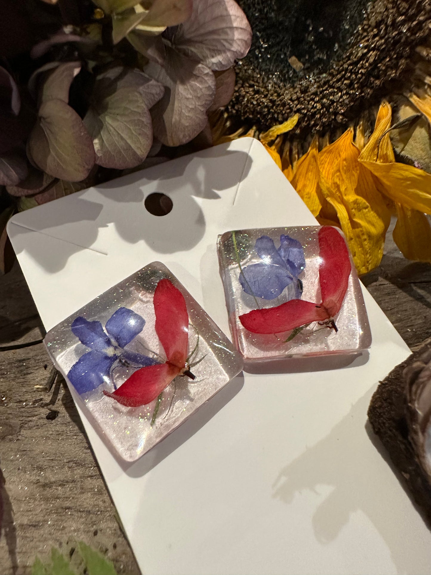 Japanese maple seed and blue flower earrings