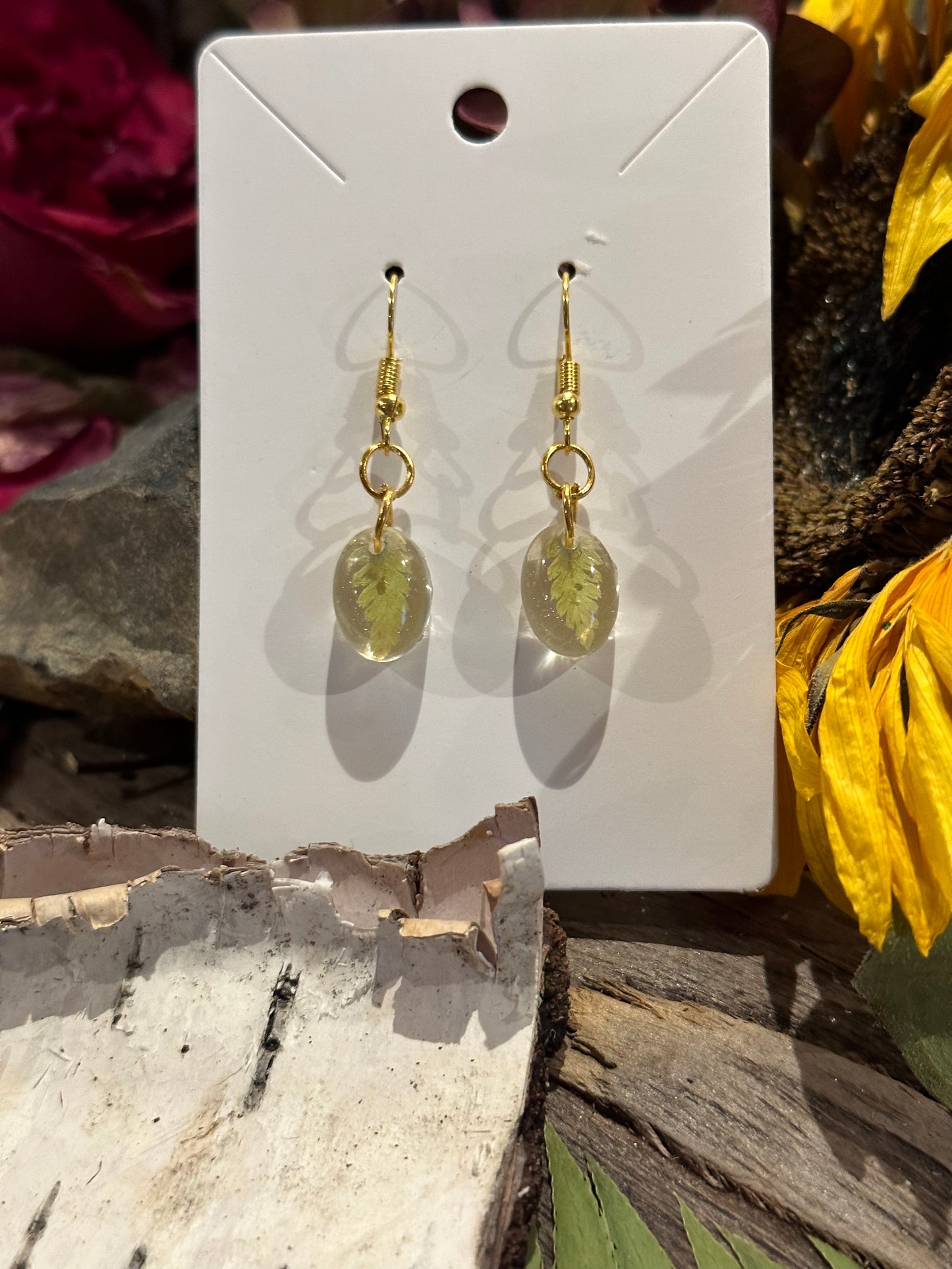 Oval fern gold drop earrings