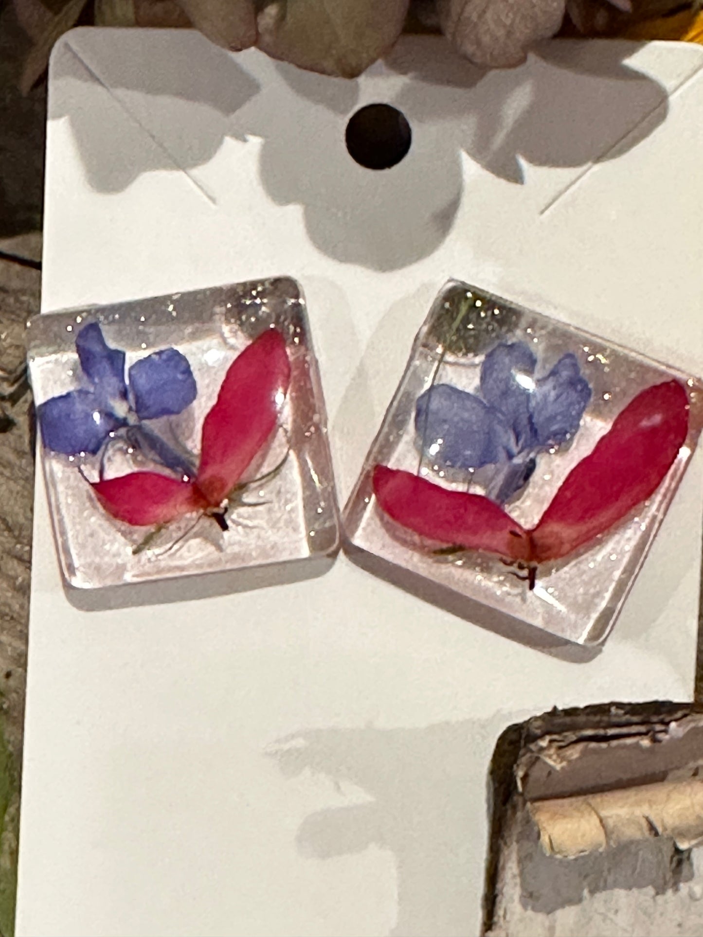 Japanese maple seed and blue flower earrings