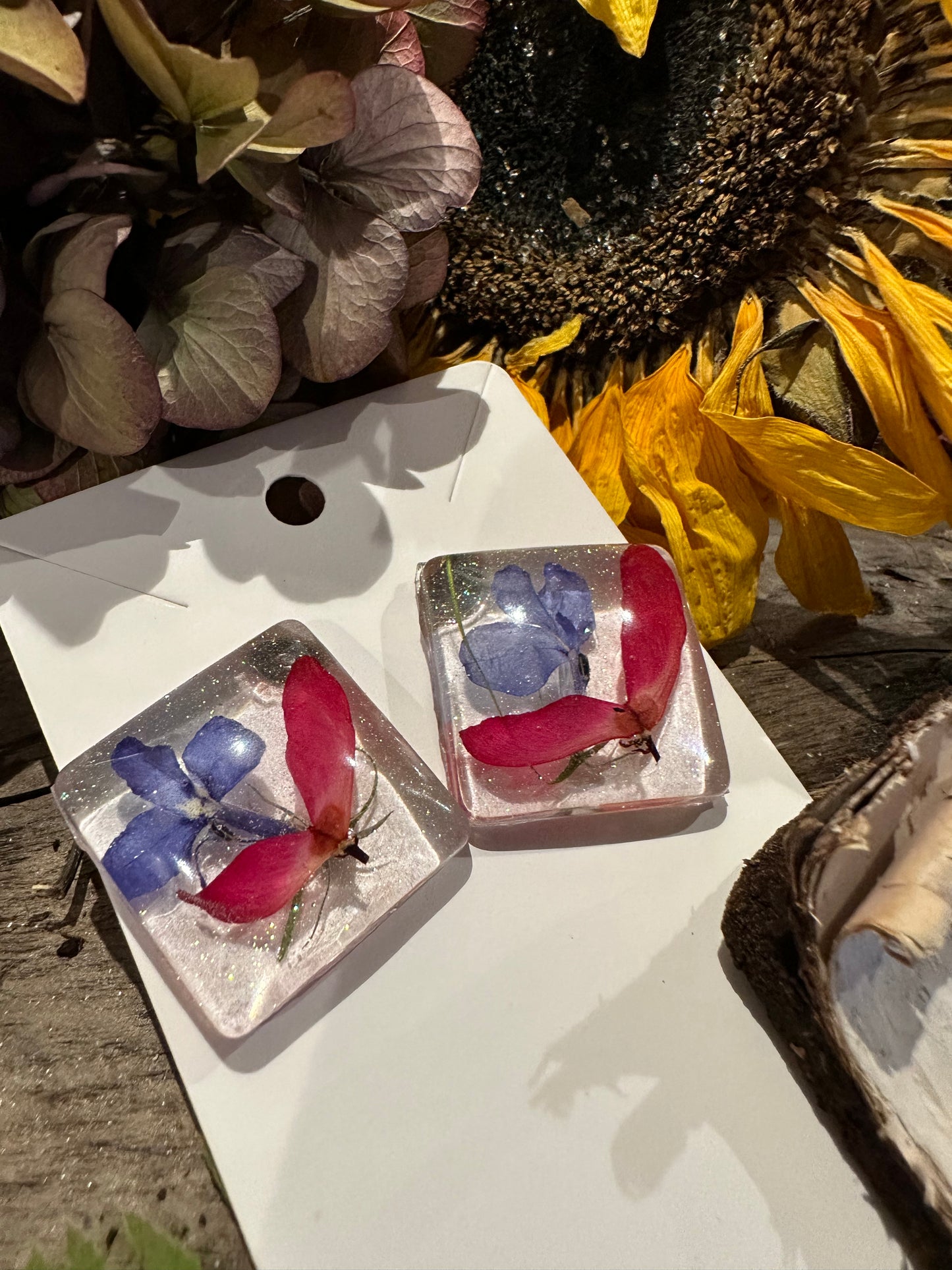 Japanese maple seed and blue flower earrings