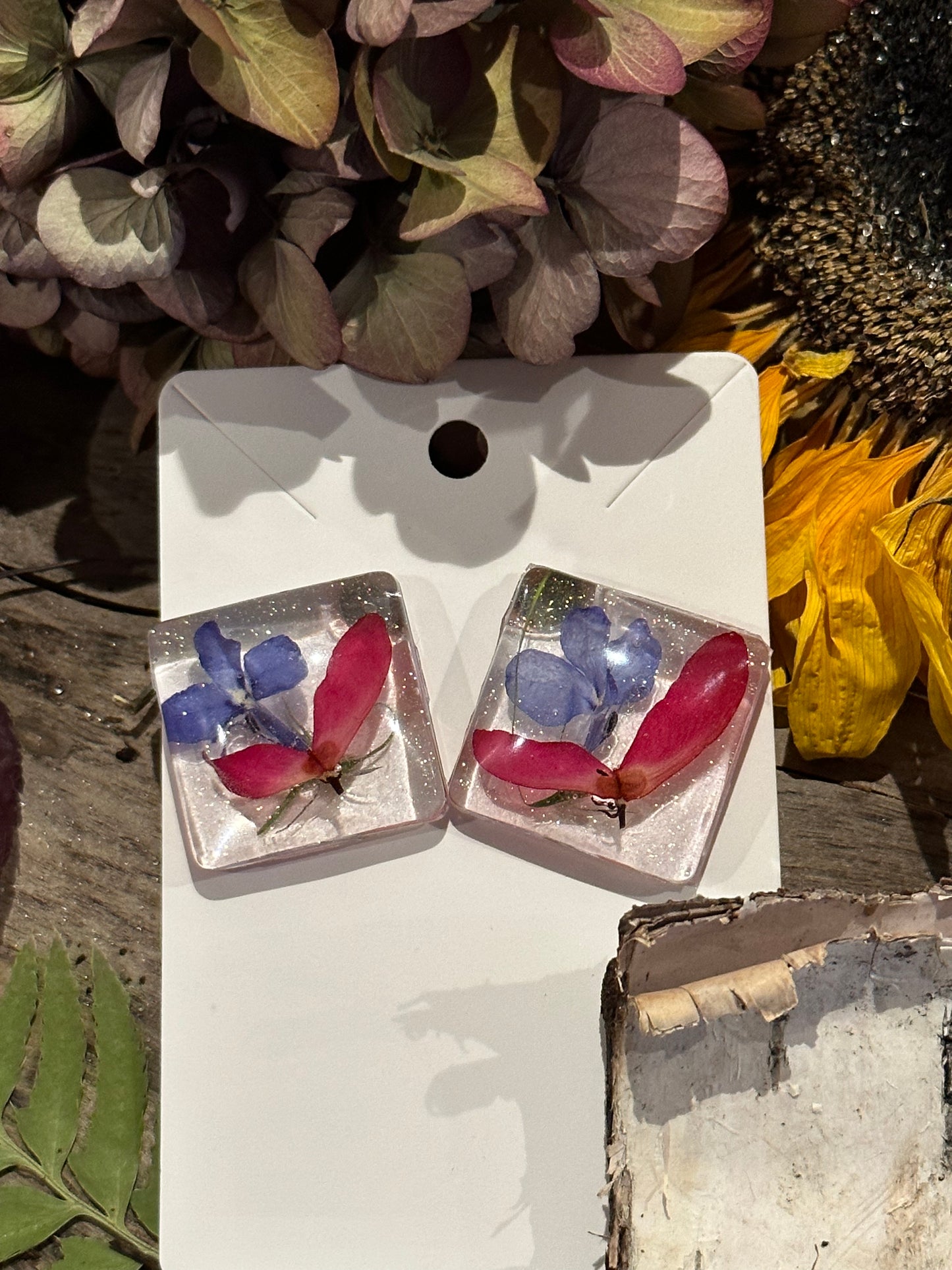 Japanese maple seed and blue flower earrings