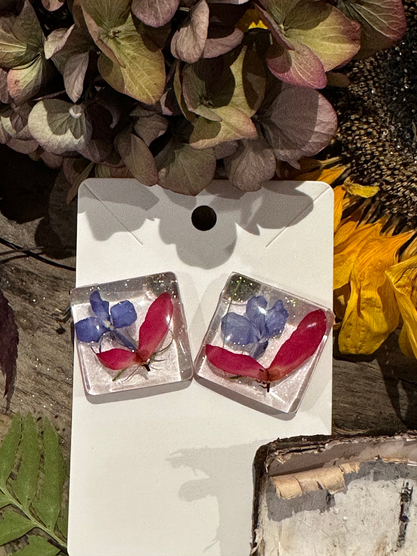 Japanese maple seed and blue flower earrings