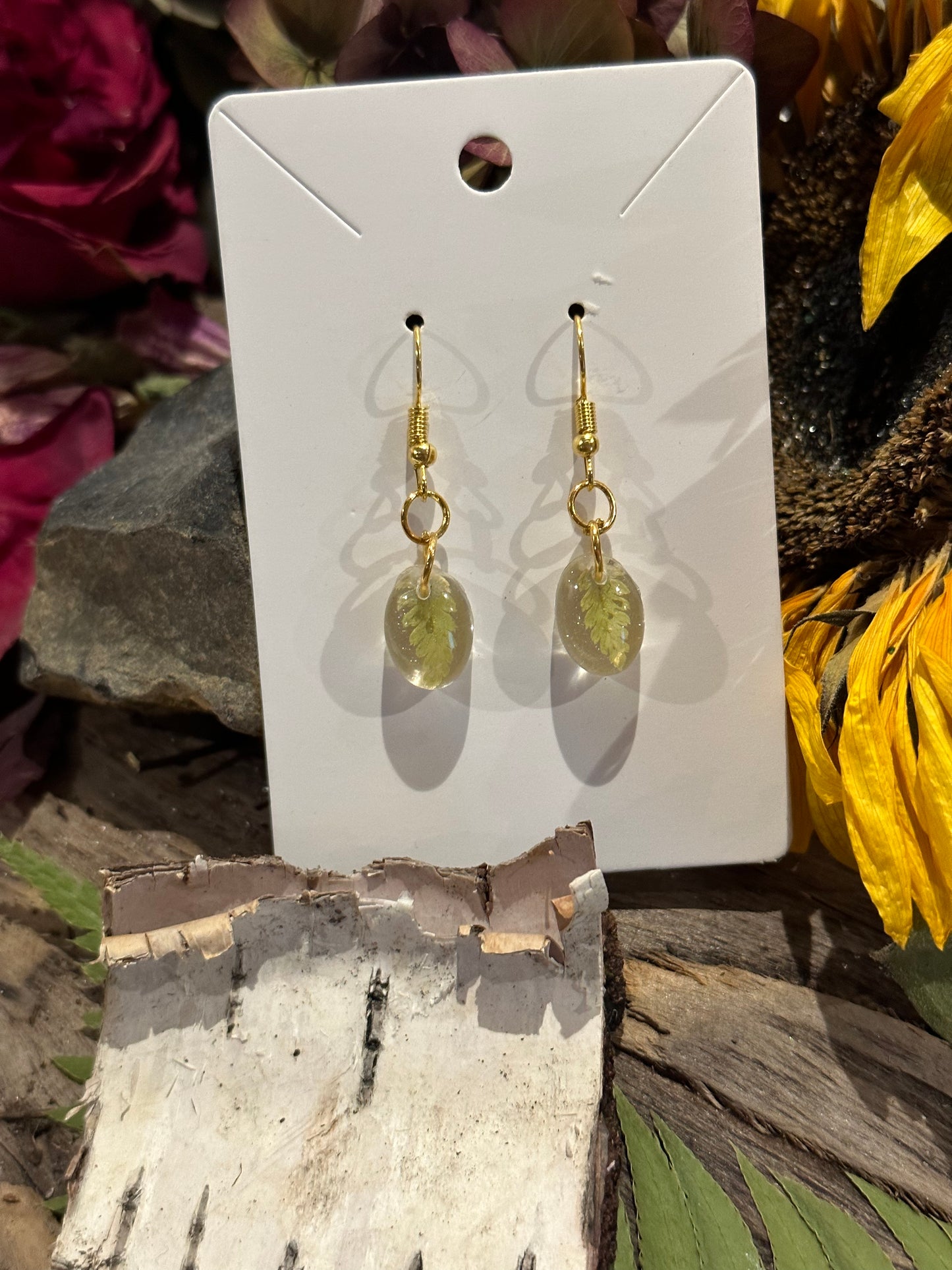 Oval fern gold drop earrings