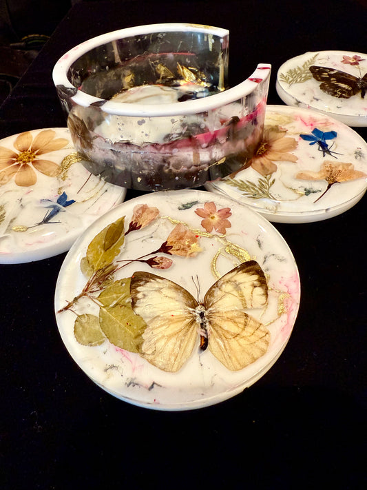 Round butterfly coasters (4 + case)